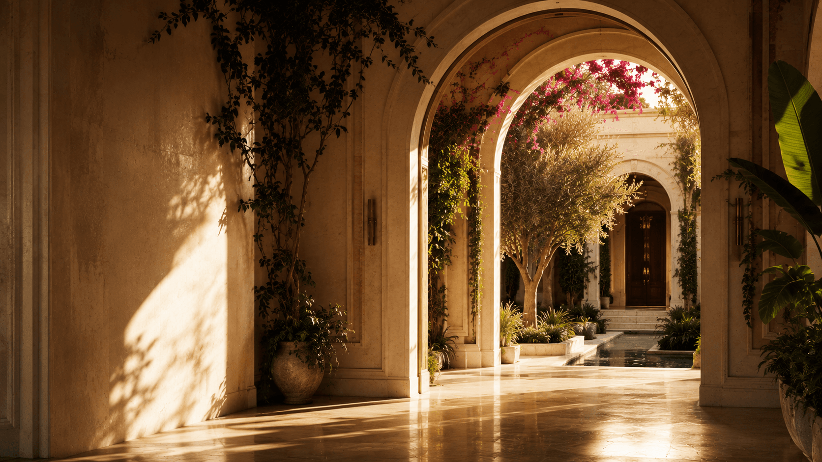 A sunlit stone hallway with an archway opening onto a courtyard with bougainvillea