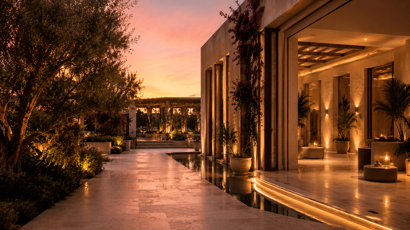 A candlelit courtyard at dusk with a warmly lit interior opening onto a reflecting pool